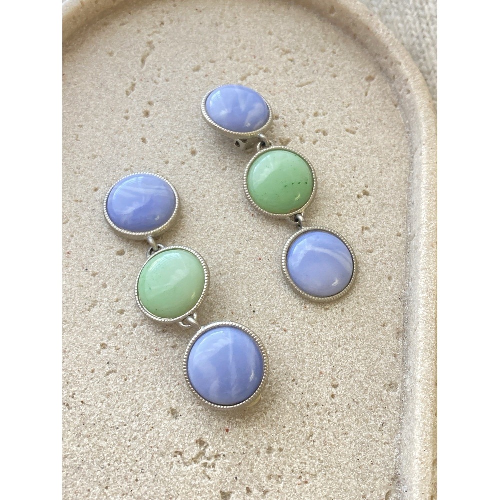 Vintage Silver Tone Pastel Cabochon Drop Earrings Blue Green Oval‎ Retro Spring